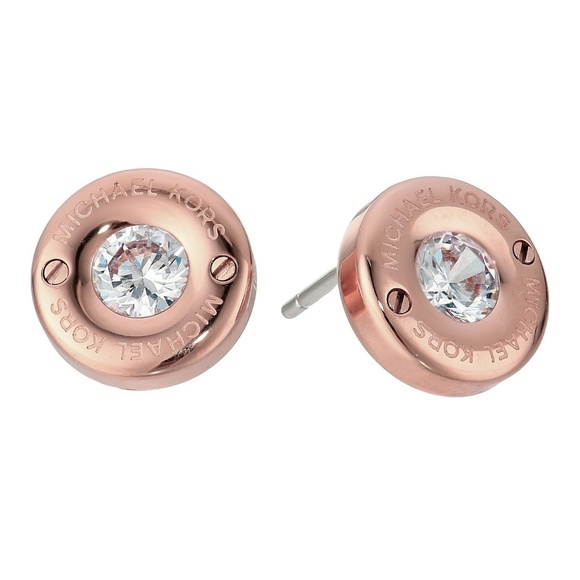 Michael Kors Rose Gold Crystal Logo Stud Earrings - Picture 2 of 12